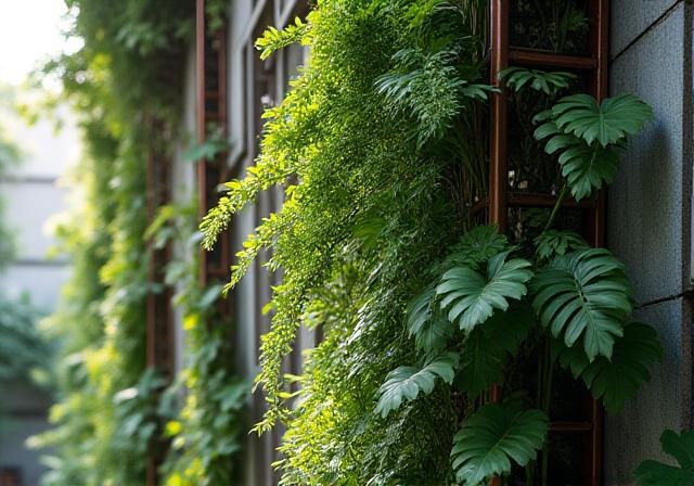 Lush vertical garden on a concrete facade